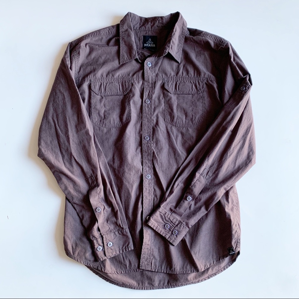 Prana Button Front Roll Tab Sleeve Shirt Brown Casual Size Large